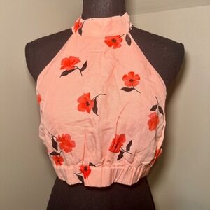 Zara Womens Pink Floral Halter Crop Top Open Back High Neck Size M Red Flowers